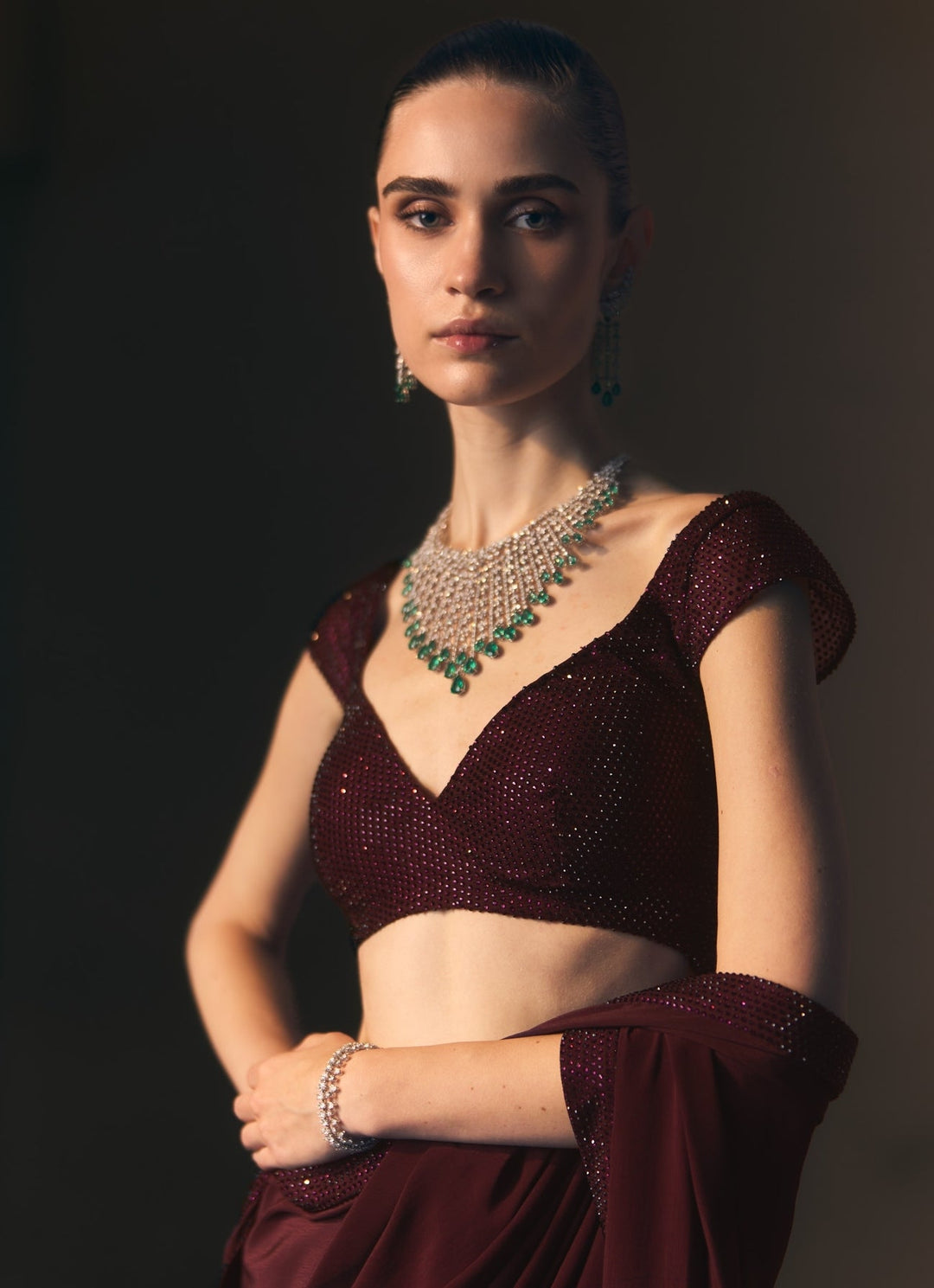 Angad Singh Crimson Red Crepe Pre-Draped SareeFabilicious Fashion