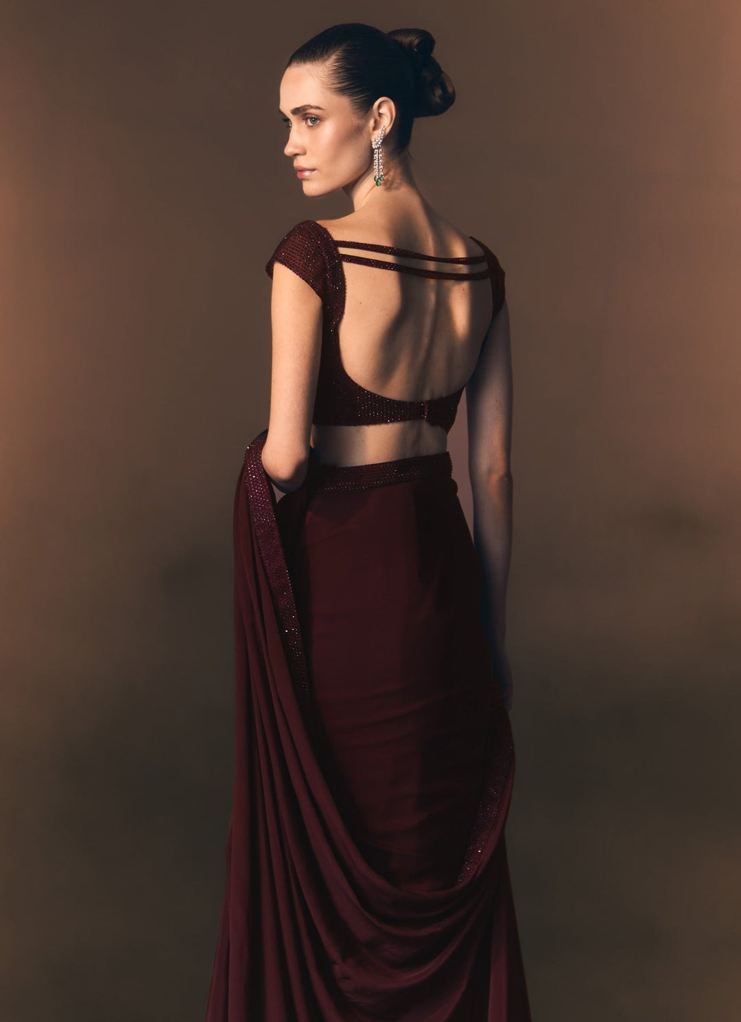 Angad Singh Crimson Red Crepe Pre-Draped SareeFabilicious Fashion