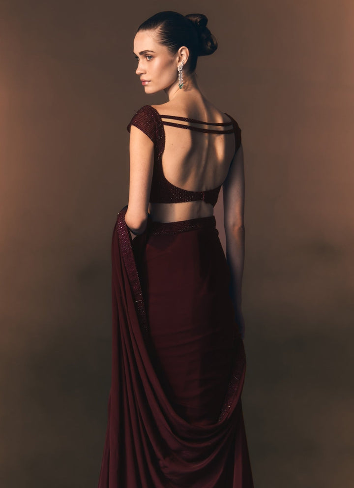 Angad Singh Crimson Red Crepe Pre-Draped SareeFabilicious Fashion