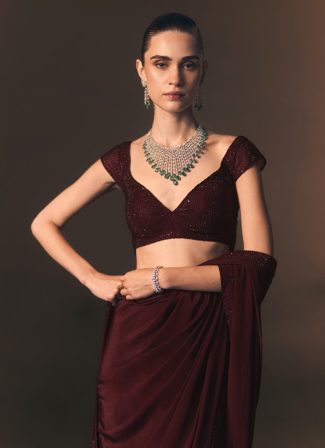 Angad Singh Crimson Red Crepe Pre-Draped SareeFabilicious Fashion