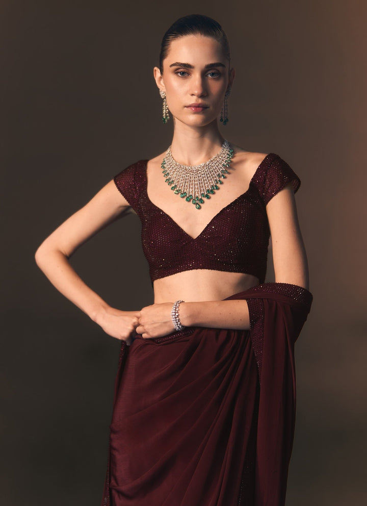 Angad Singh Crimson Red Crepe Pre-Draped SareeFabilicious Fashion