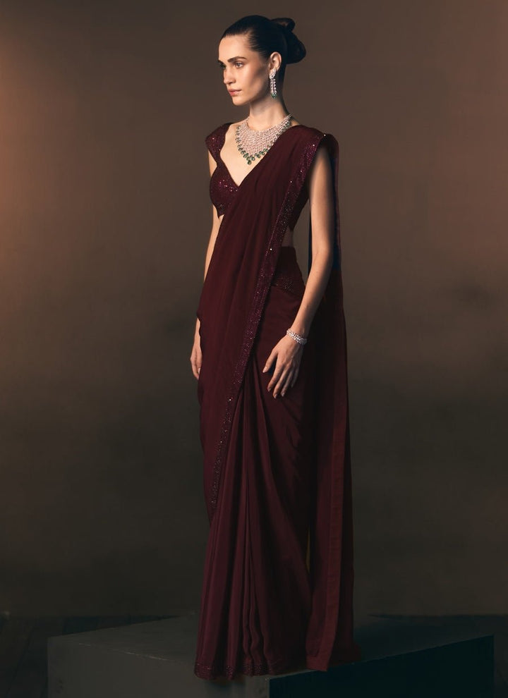 Angad Singh Crimson Red Crepe Pre-Draped SareeFabilicious Fashion