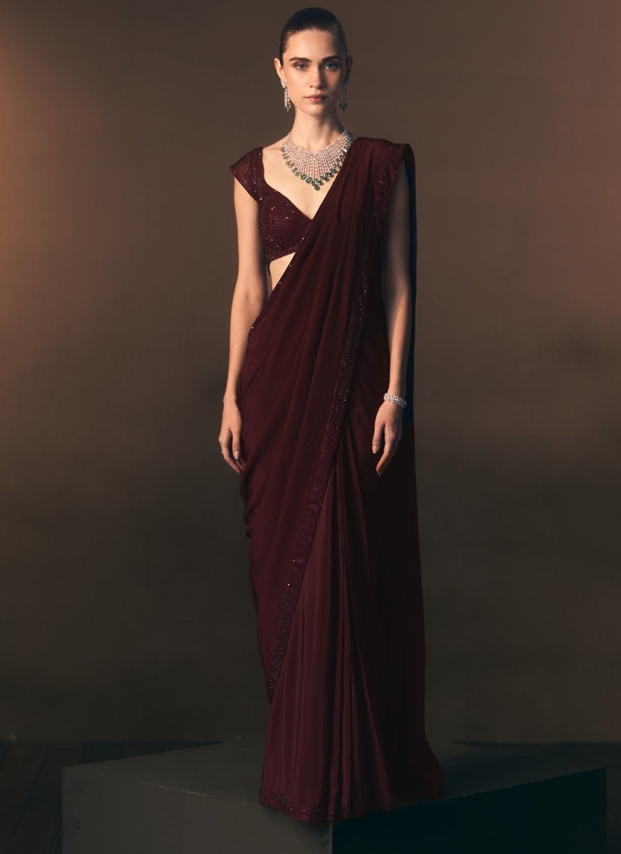 Angad Singh Crimson Red Crepe Pre-Draped SareeFabilicious Fashion
