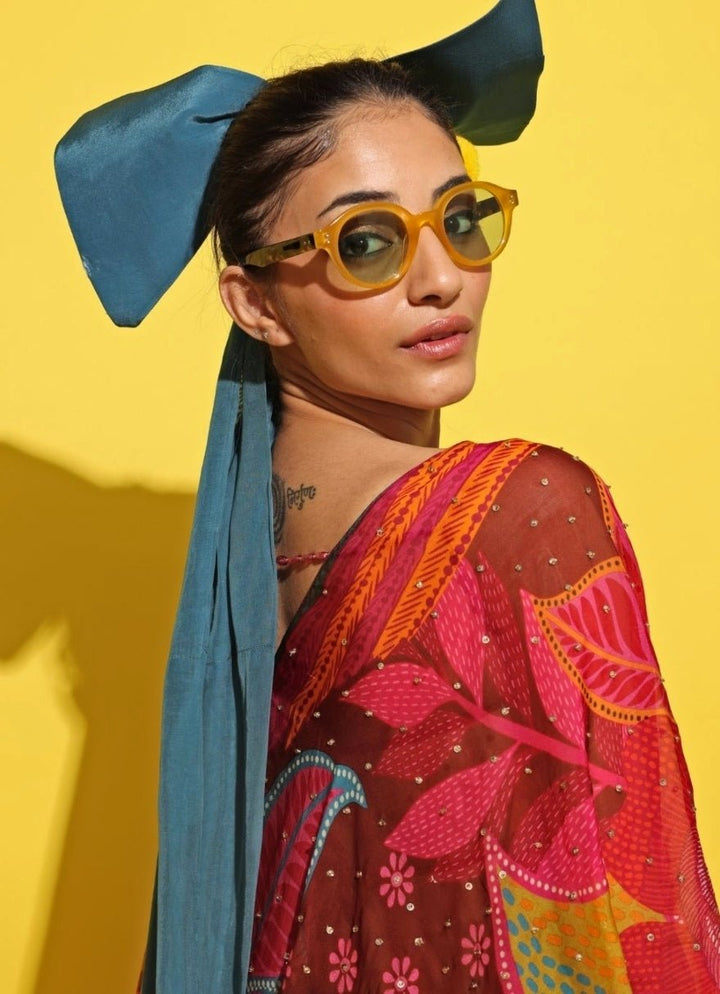 Rishi And Vibhuti Crimson Red Crepe Sharara Set With CapeFabilicious Fashion