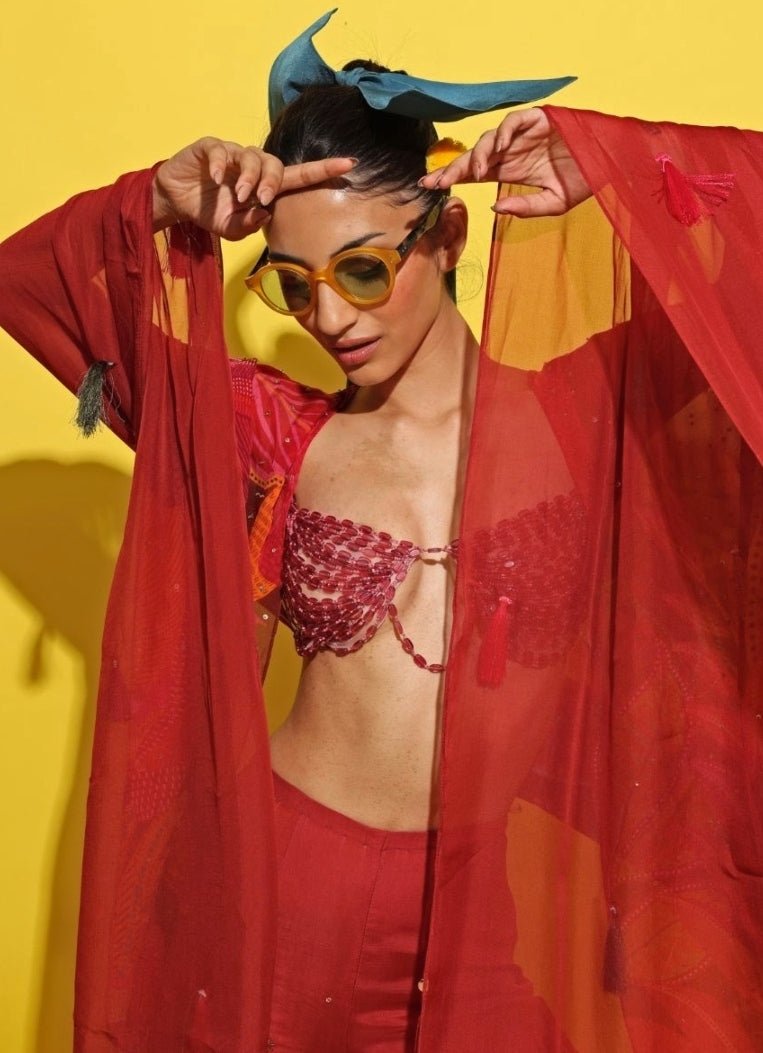 Rishi And Vibhuti Crimson Red Crepe Sharara Set With CapeFabilicious Fashion