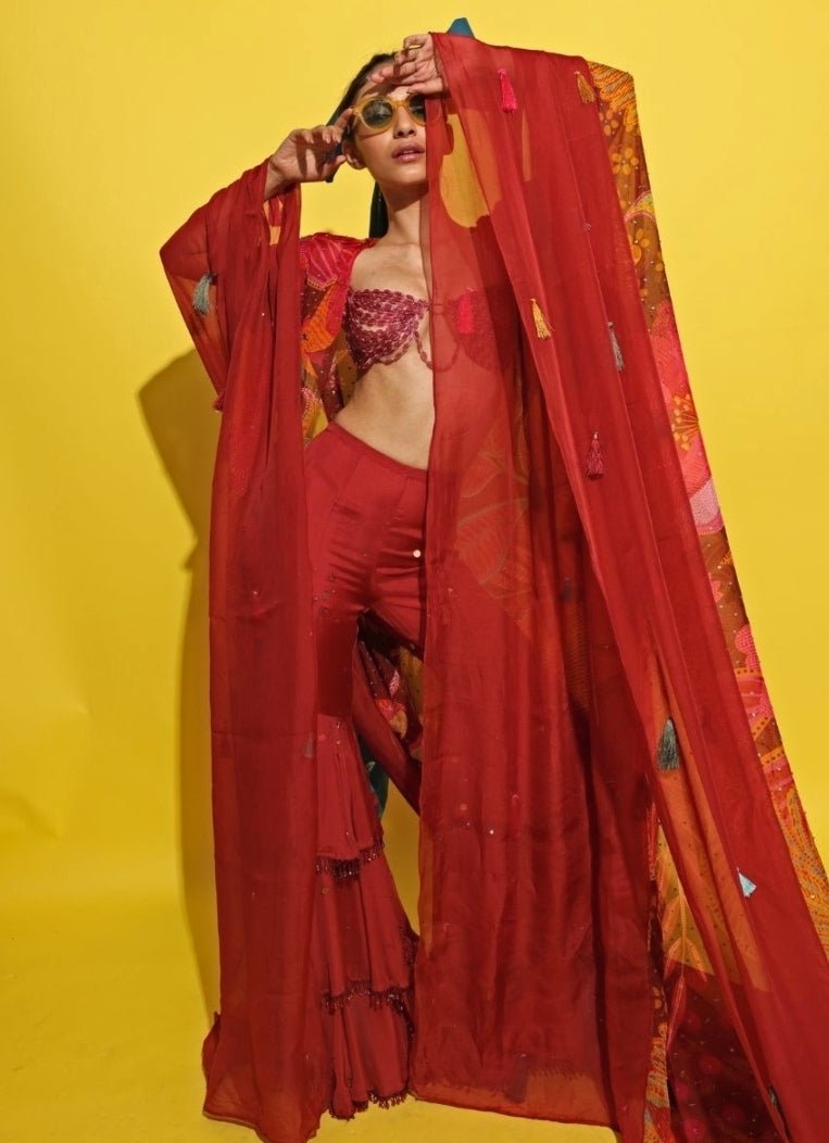 Rishi And Vibhuti Crimson Red Crepe Sharara Set With CapeFabilicious Fashion