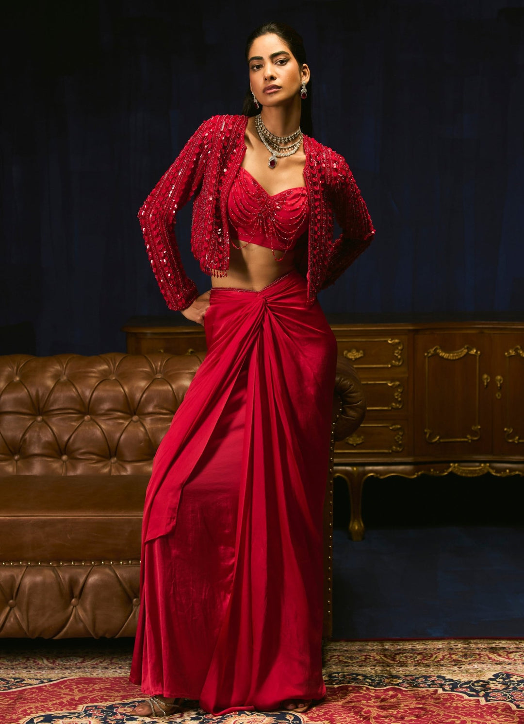 Crimson Red Drape Skirt Set With Embroidered Jacket Mani Bhatia - Fabilicious Fashion
