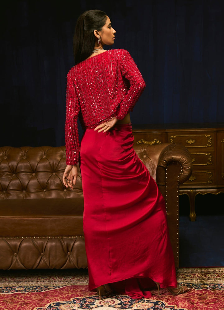 Crimson Red Drape Skirt Set With Embroidered Jacket Mani Bhatia - Fabilicious Fashion