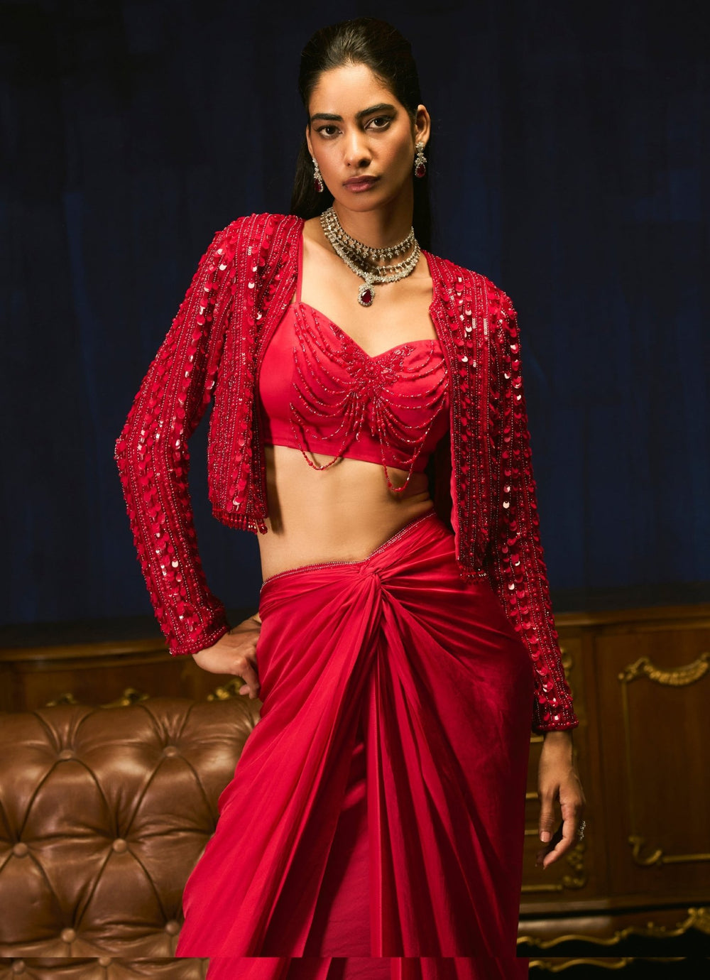 Crimson Red Drape Skirt Set With Embroidered Jacket Mani Bhatia - Fabilicious Fashion