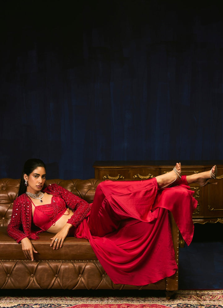 Crimson Red Drape Skirt Set With Embroidered Jacket Mani Bhatia - Fabilicious Fashion