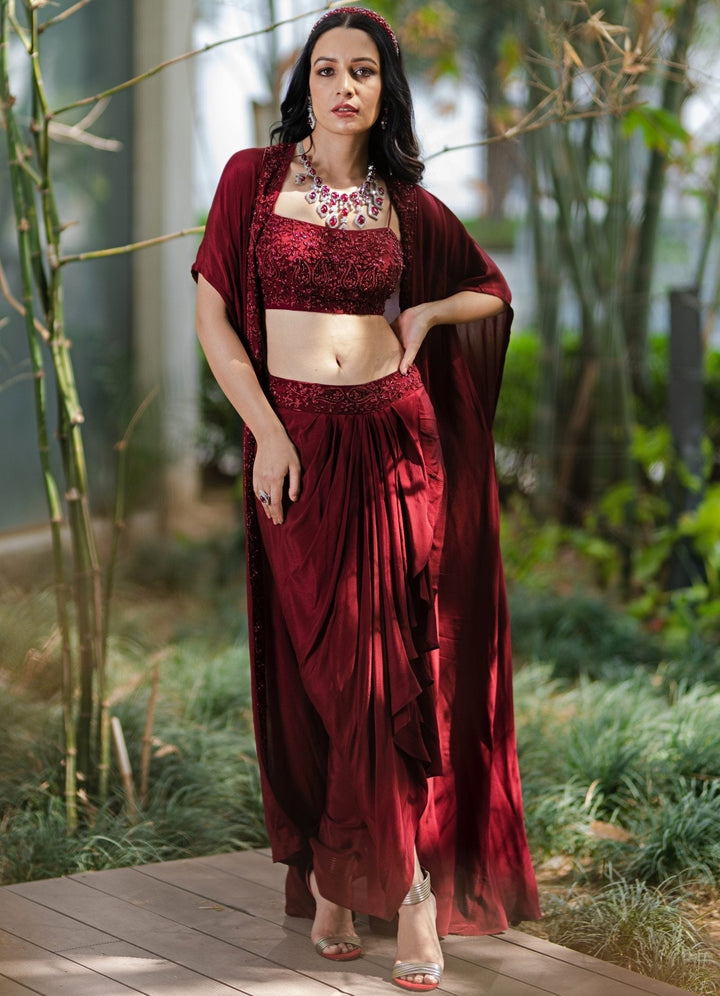 Crimson Red Draped Lehenga Set - Ready to Ship Rashika Sharma - Fabilicious Fashion