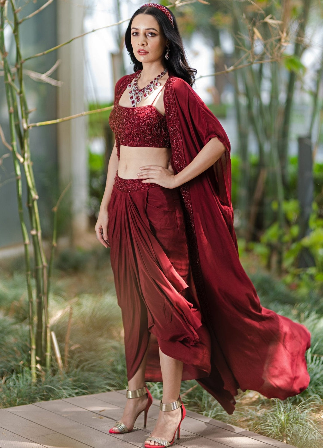Crimson Red Draped Lehenga Set - Ready to Ship Rashika Sharma - Fabilicious Fashion