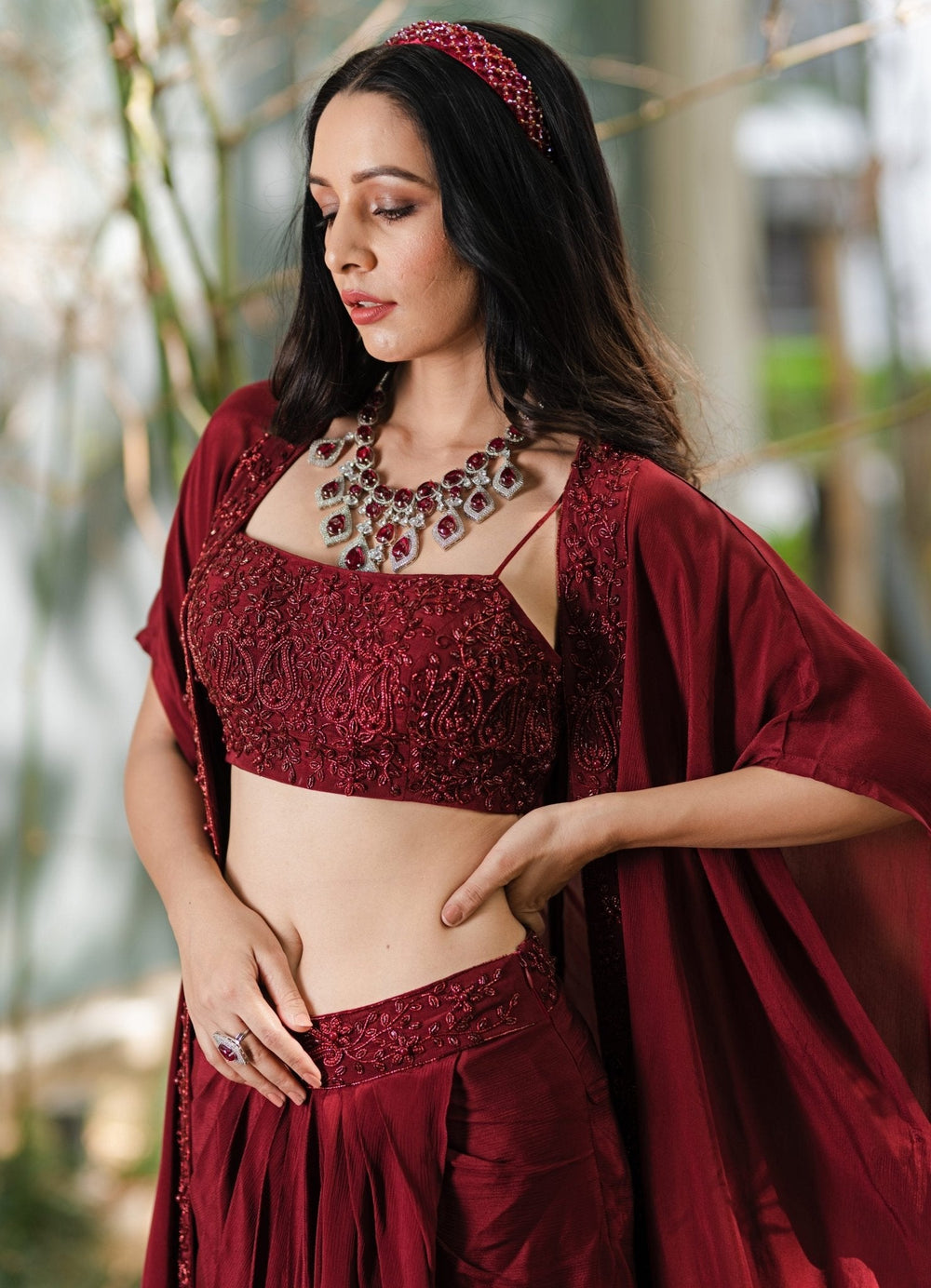 Crimson Red Draped Lehenga Set - Ready to Ship Rashika Sharma - Fabilicious Fashion