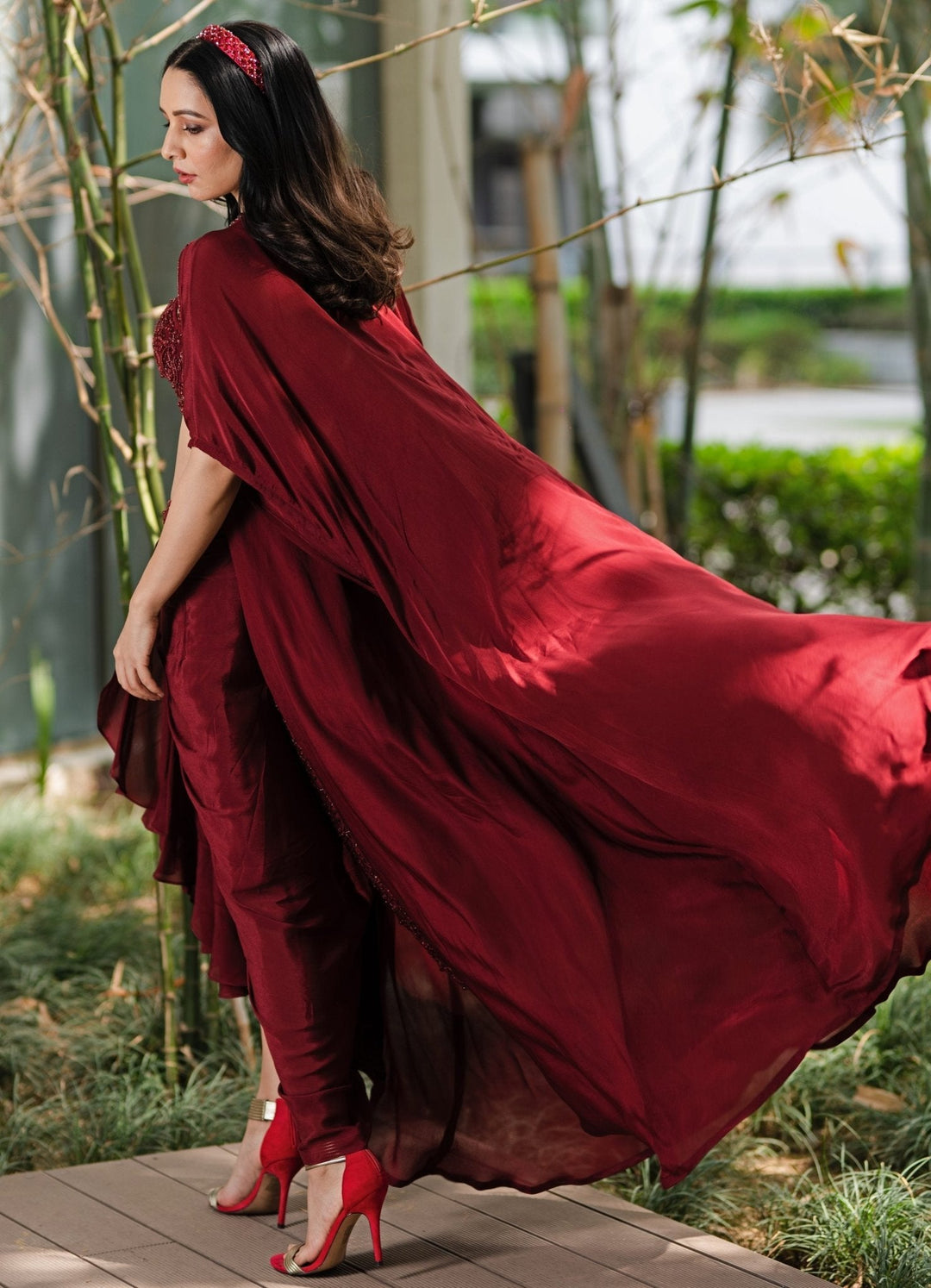 Crimson Red Draped Lehenga Set - Ready to Ship Rashika Sharma - Fabilicious Fashion