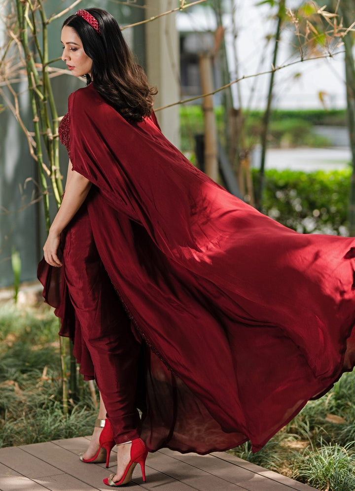 Crimson Red Draped Lehenga Set - Ready to Ship Rashika Sharma - Fabilicious Fashion