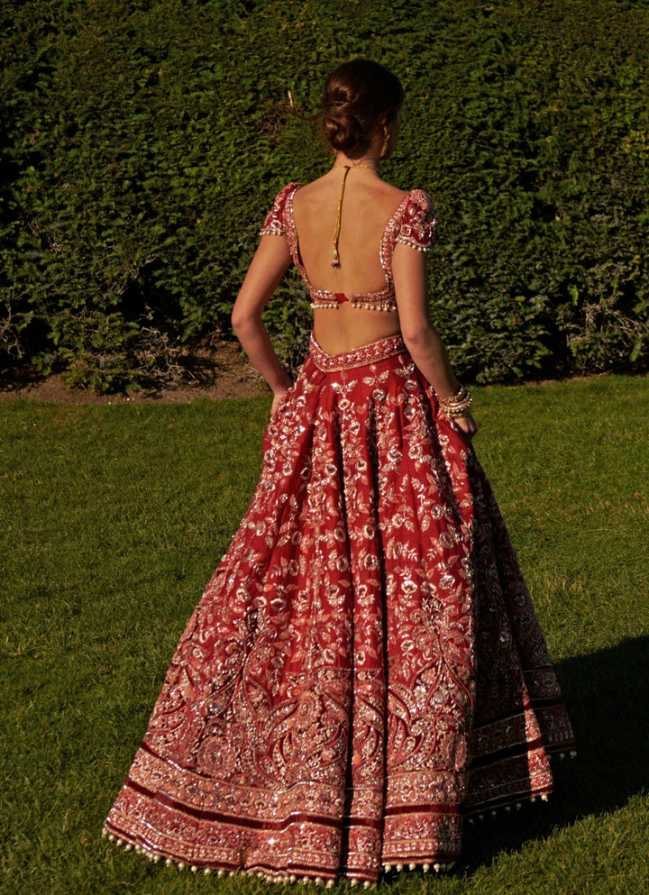 Crimson Red Embroidered Bridal Silk Lehenga Set Jigar and Nikita - Fabilicious Fashion