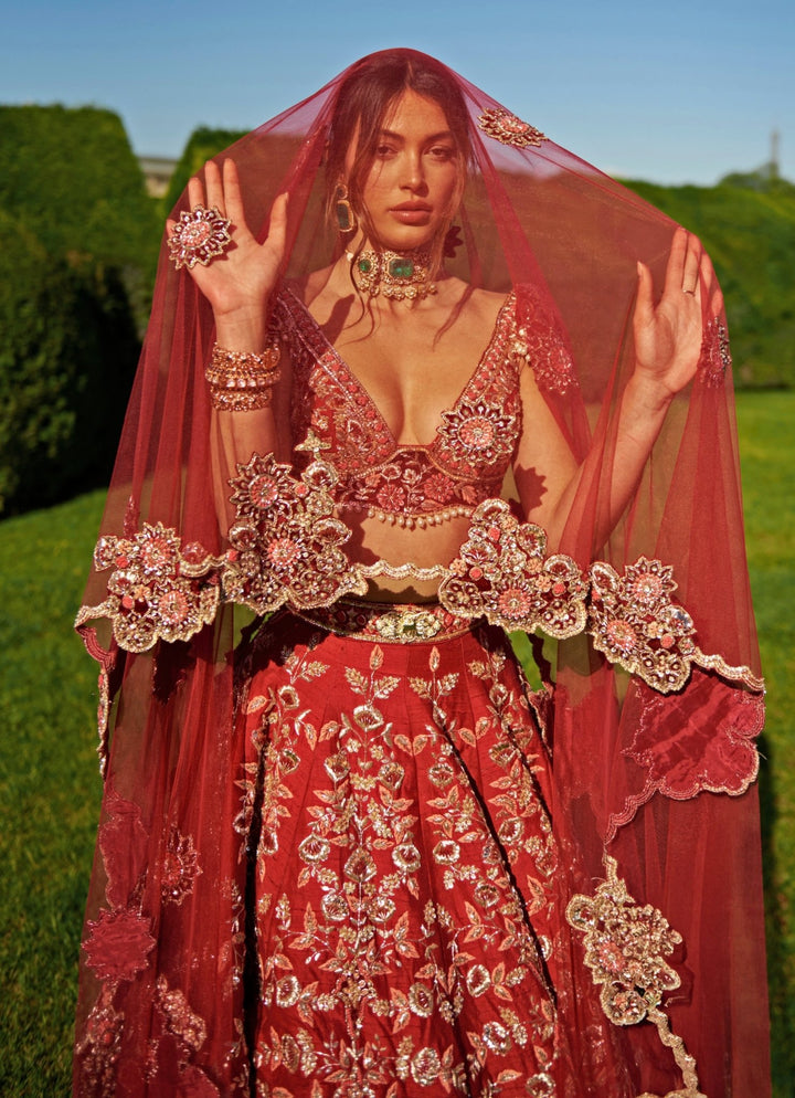 Crimson Red Embroidered Bridal Silk Lehenga Set Jigar and Nikita - Fabilicious Fashion