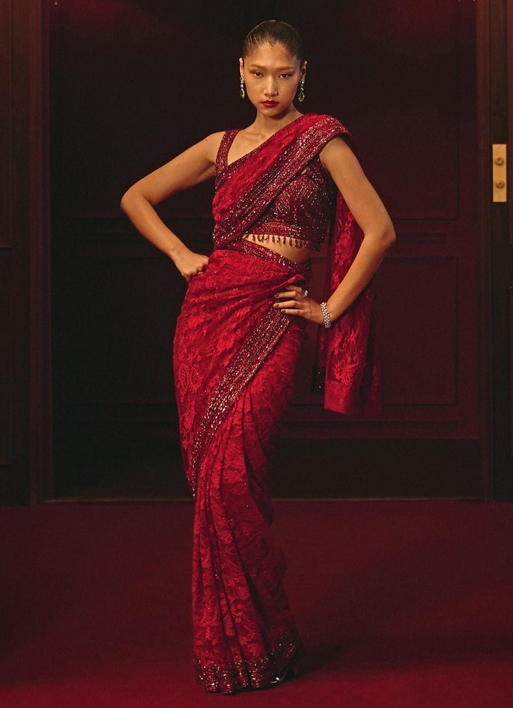 Crimson Red Embroidered Lace Saree Angad Singh - Fabilicious Fashion