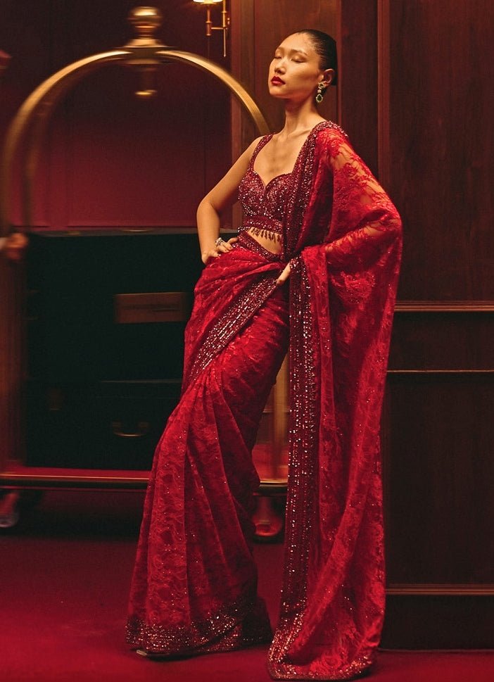 Crimson Red Embroidered Lace Saree Angad Singh - Fabilicious Fashion