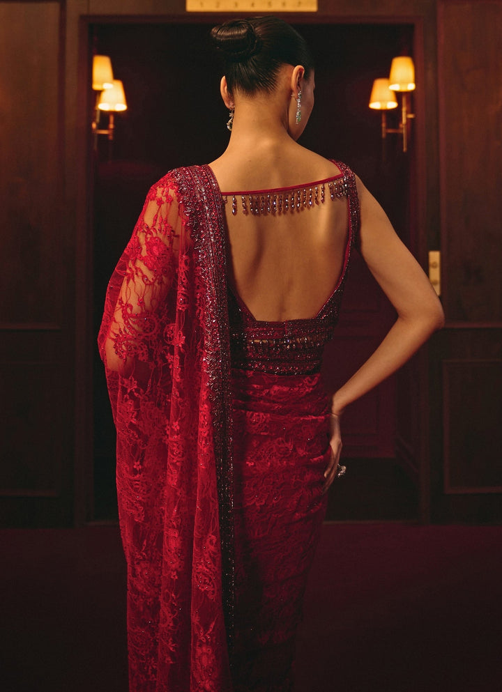 Crimson Red Embroidered Lace Saree Angad Singh - Fabilicious Fashion