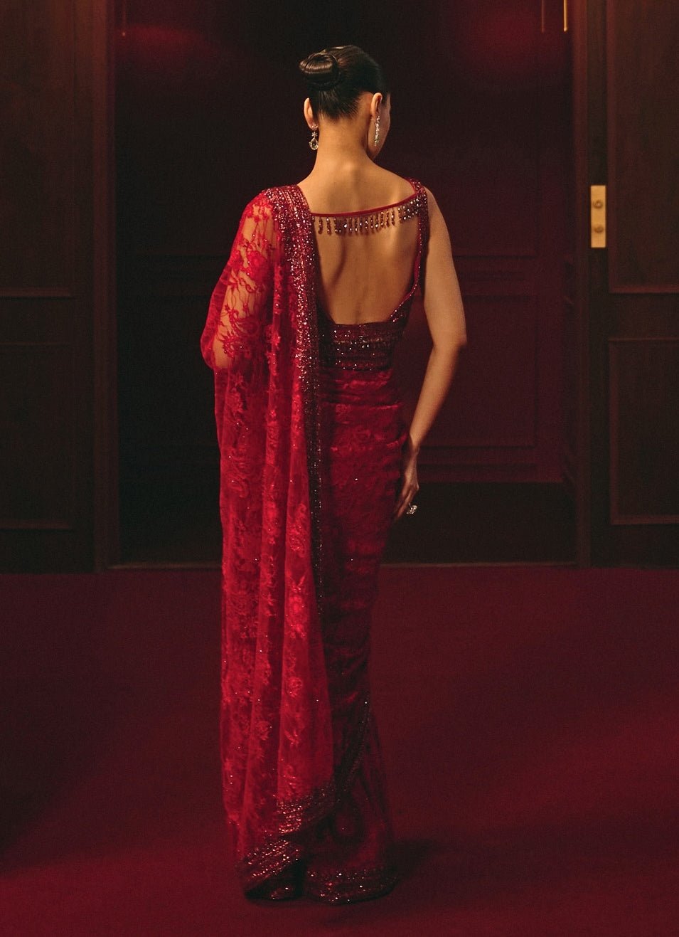 Crimson Red Embroidered Lace Saree Angad Singh - Fabilicious Fashion