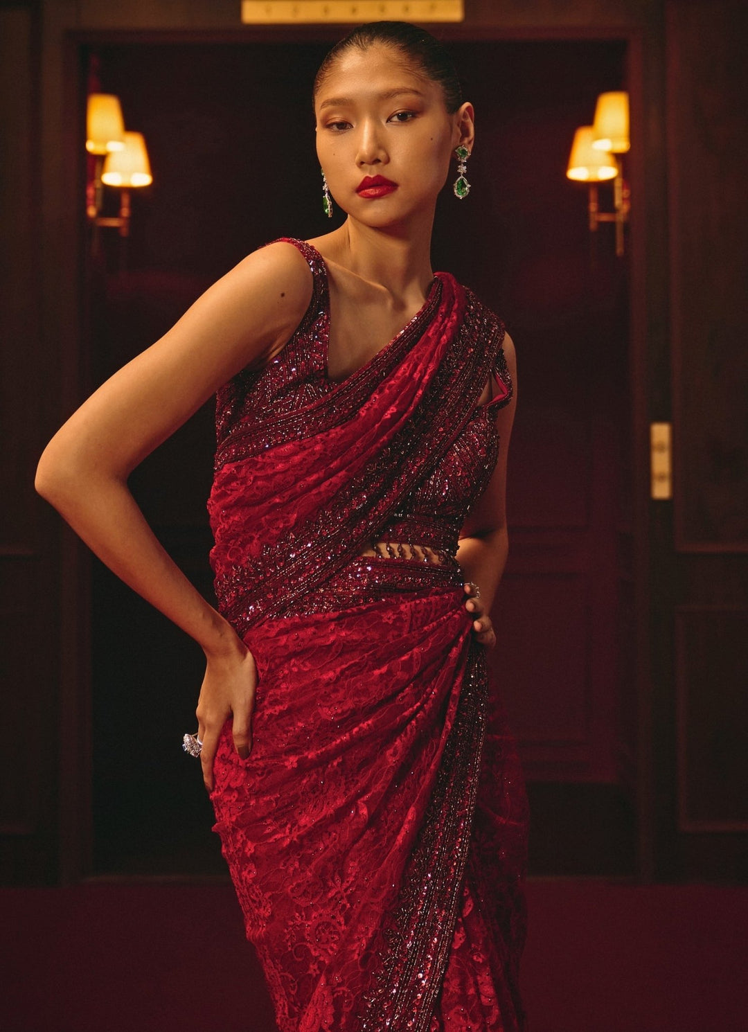 Crimson Red Embroidered Lace Saree Angad Singh - Fabilicious Fashion