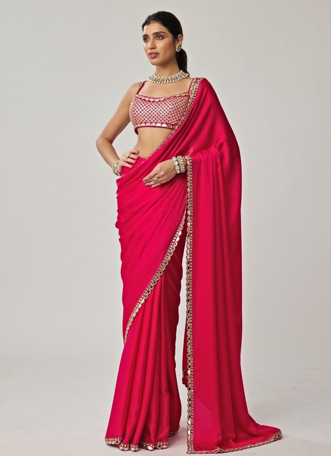 Crimson Red Gota And Mirror Embroidered Saree Set Vvani by Vani Vats - Fabilicious Fashion