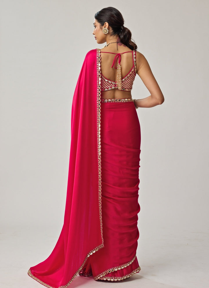 Crimson Red Gota And Mirror Embroidered Saree Set Vvani by Vani Vats - Fabilicious Fashion