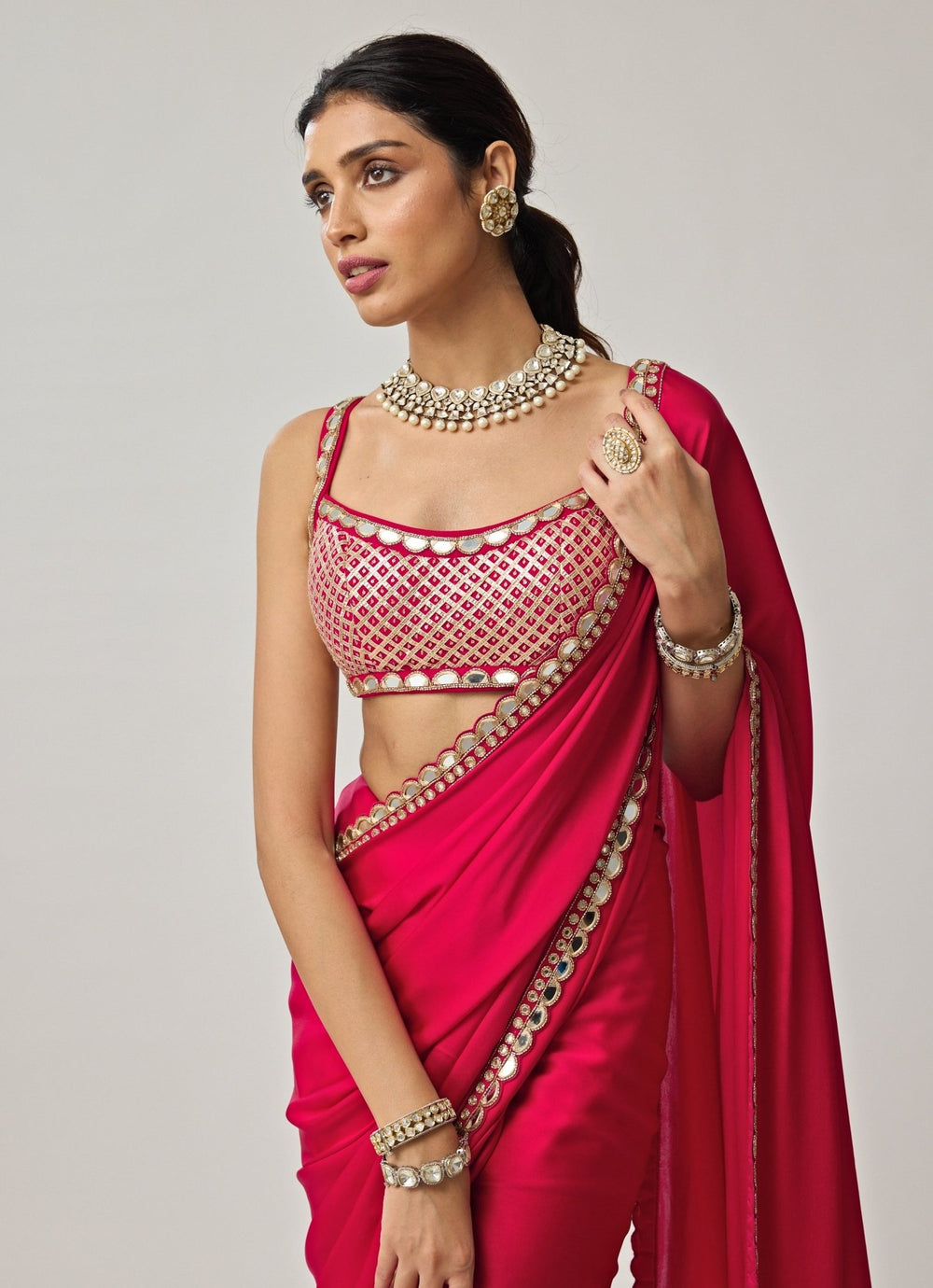 Crimson Red Gota And Mirror Embroidered Saree Set Vvani by Vani Vats - Fabilicious Fashion
