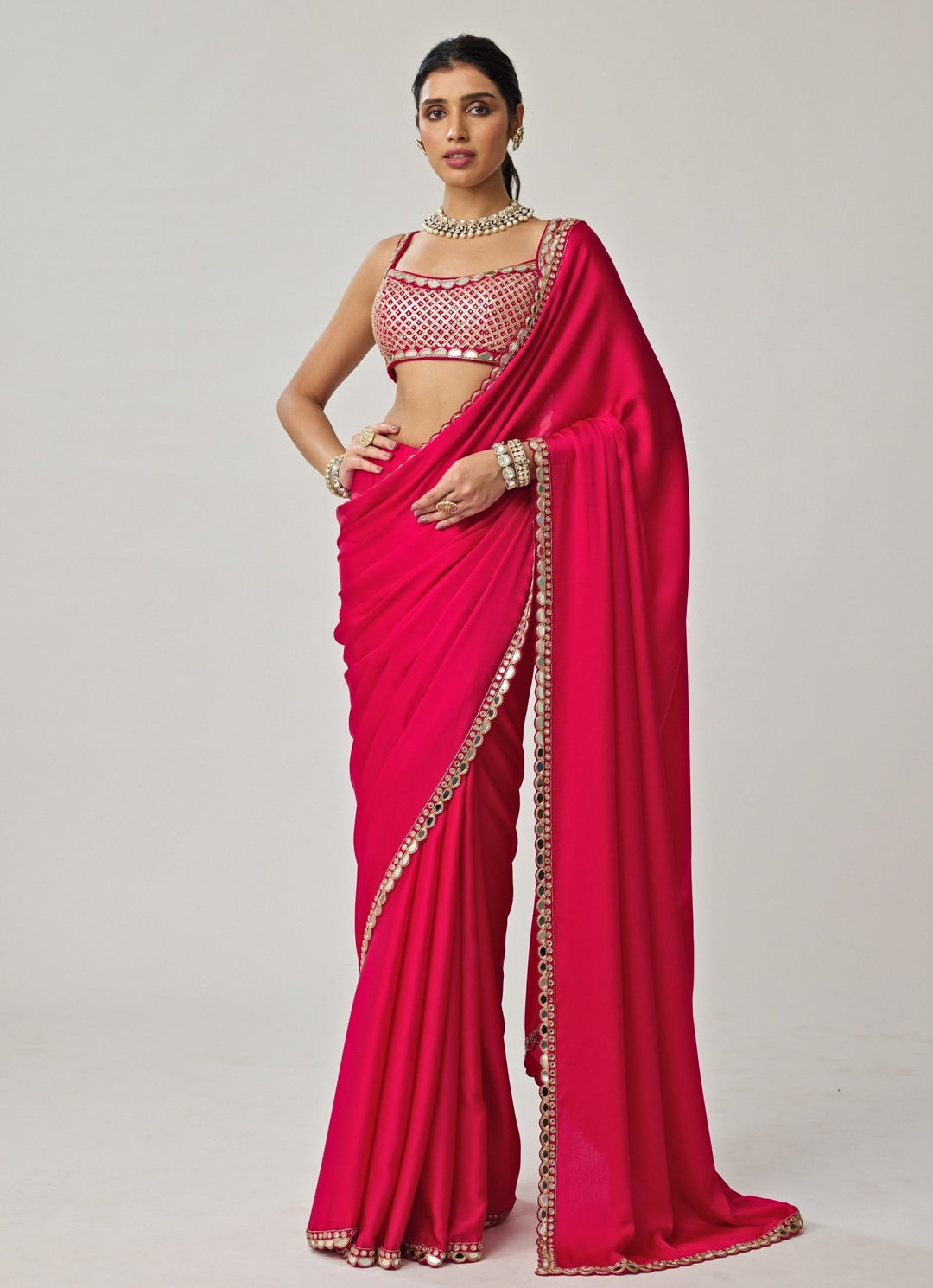 Crimson Red Gota And Mirror Embroidered Saree Set Vvani by Vani Vats - Fabilicious Fashion