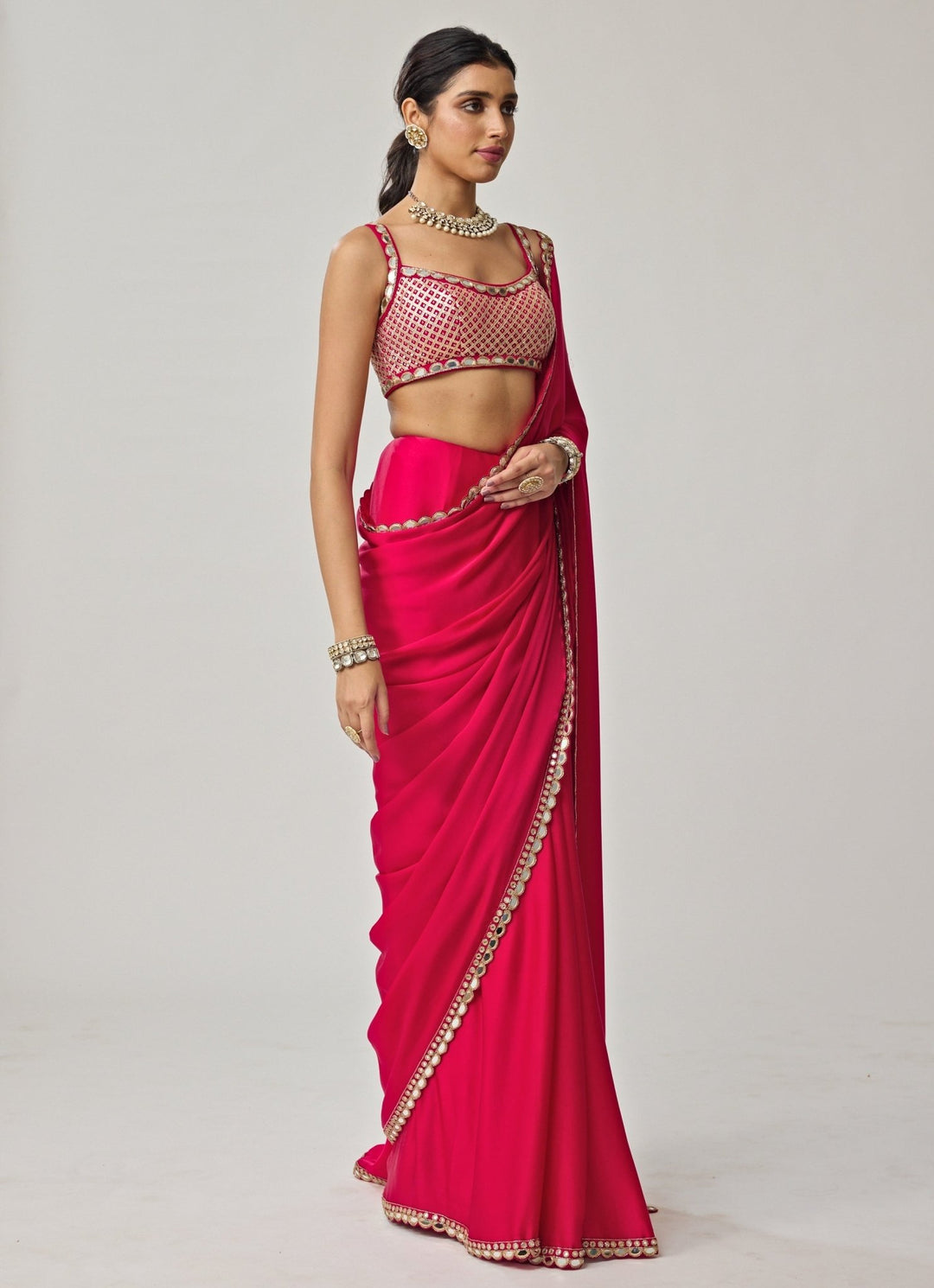 Crimson Red Gota And Mirror Embroidered Saree Set Vvani by Vani Vats - Fabilicious Fashion