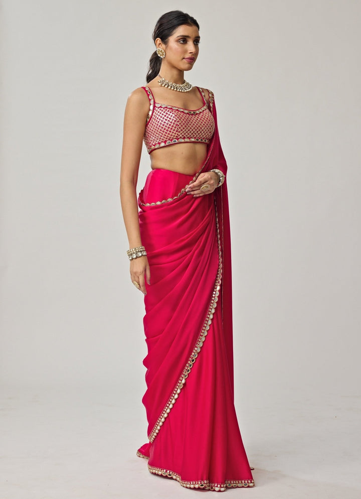 Crimson Red Gota And Mirror Embroidered Saree Set Vvani by Vani Vats - Fabilicious Fashion