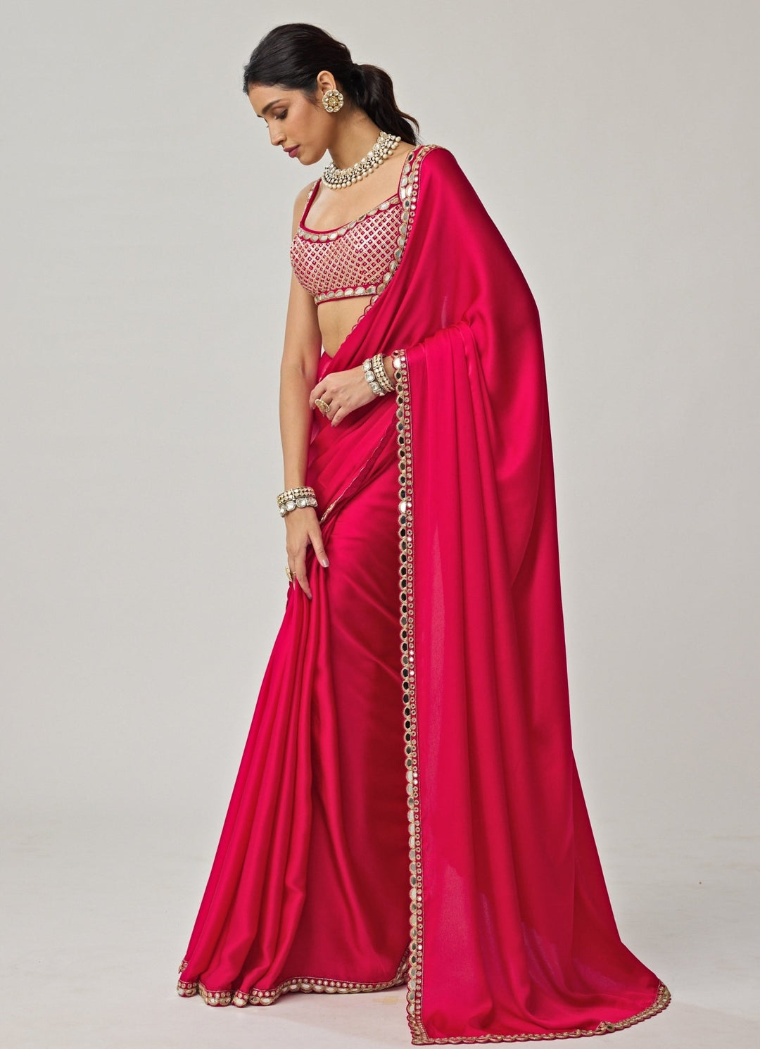 Crimson Red Gota And Mirror Embroidered Saree Set Vvani by Vani Vats - Fabilicious Fashion