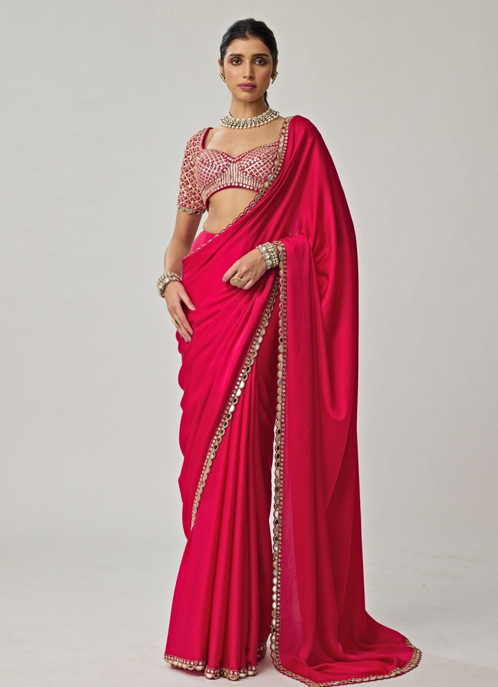 Crimson Red Gota Mirror Embroidered Satin Saree Set Vvani by Vani Vats - Fabilicious Fashion