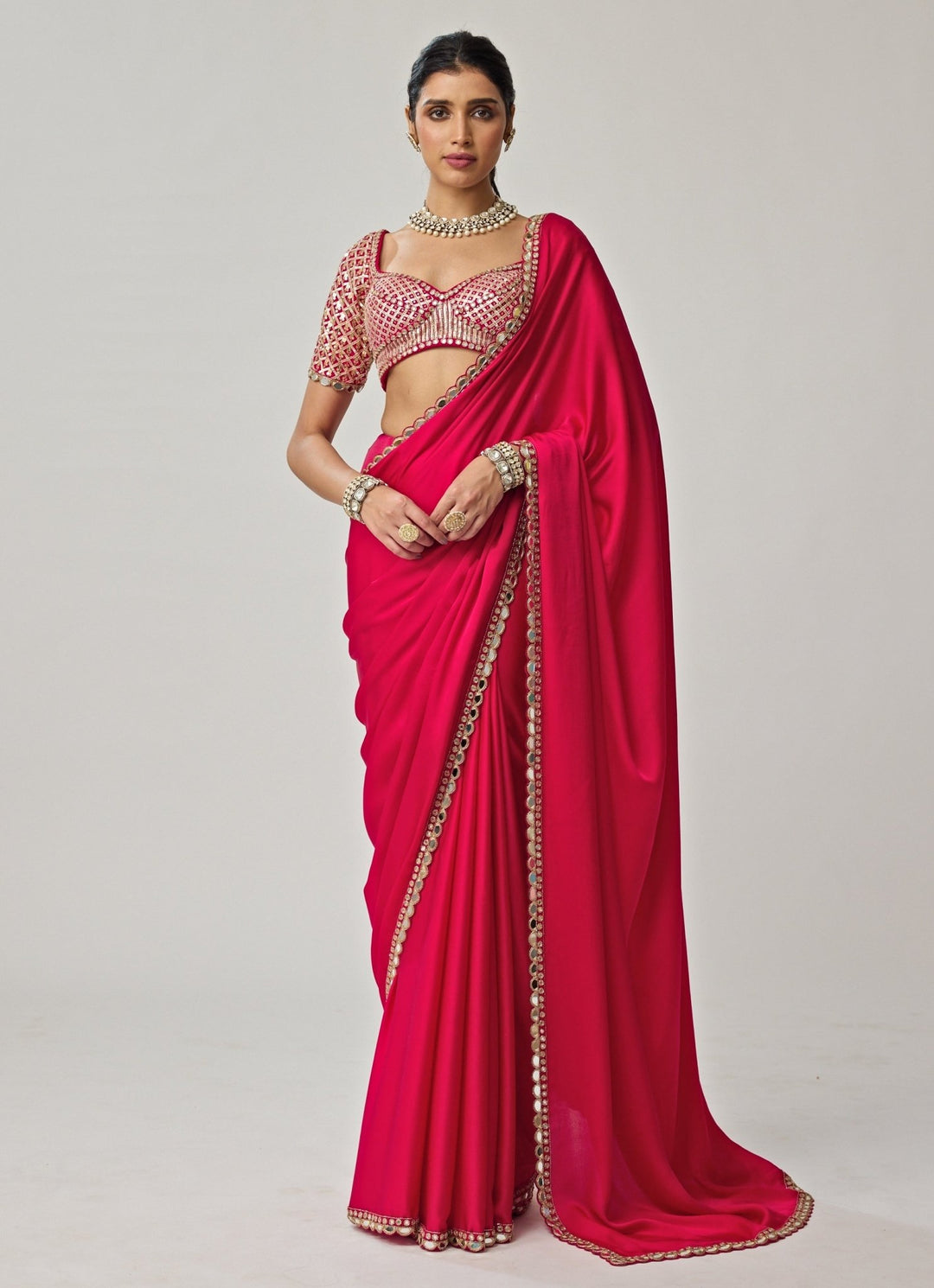 Crimson Red Gota Mirror Embroidered Satin Saree Set Vvani by Vani Vats - Fabilicious Fashion
