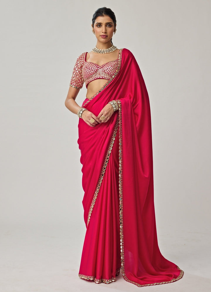 Crimson Red Gota Mirror Embroidered Satin Saree Set Vvani by Vani Vats - Fabilicious Fashion