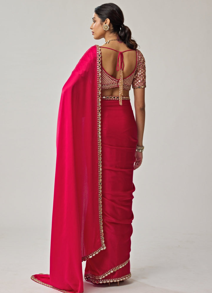 Crimson Red Gota Mirror Embroidered Satin Saree Set Vvani by Vani Vats - Fabilicious Fashion
