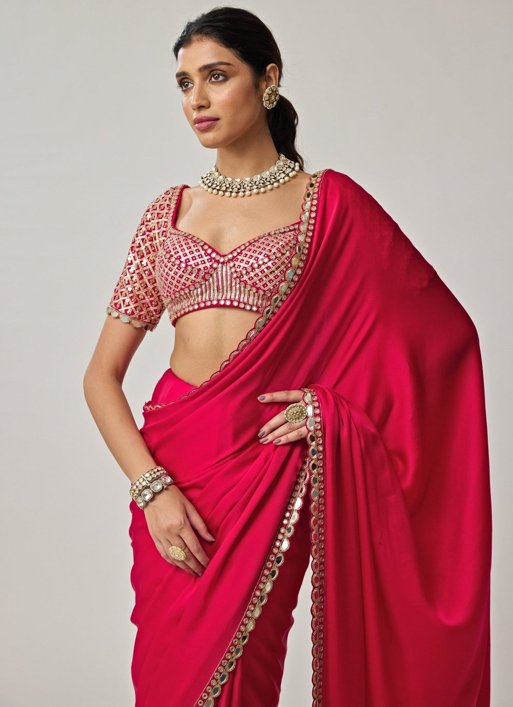 Crimson Red Gota Mirror Embroidered Satin Saree Set Vvani by Vani Vats - Fabilicious Fashion