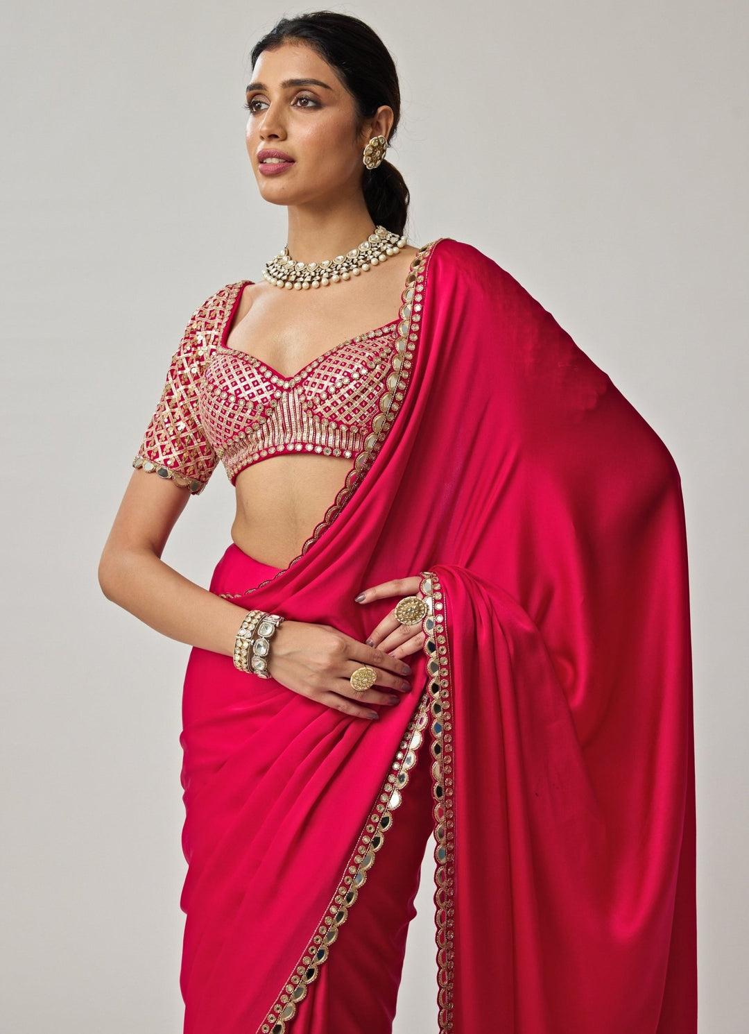 Crimson Red Gota Mirror Embroidered Satin Saree Set Vvani by Vani Vats - Fabilicious Fashion
