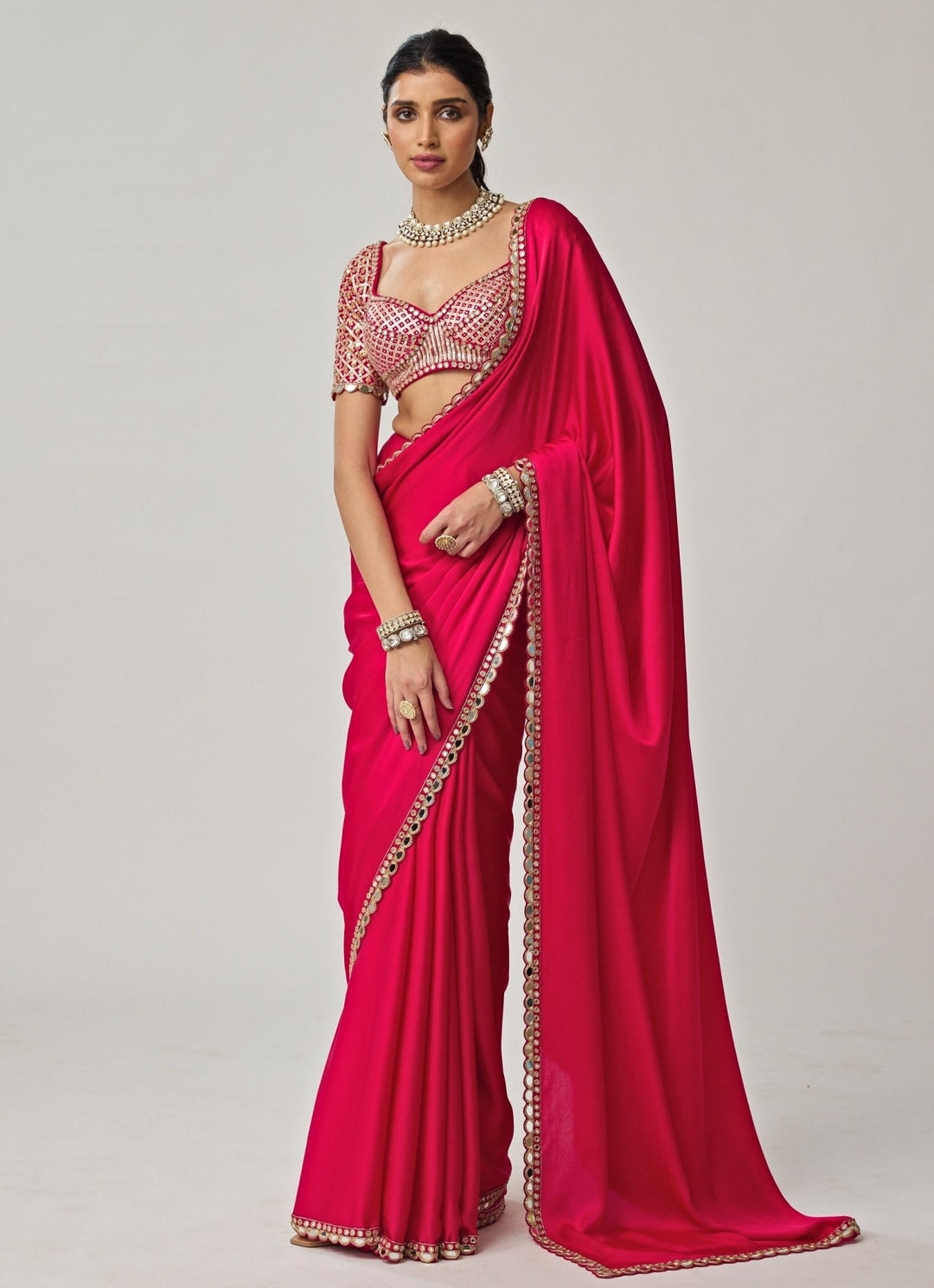 Crimson Red Gota Mirror Embroidered Satin Saree Set Vvani by Vani Vats - Fabilicious Fashion