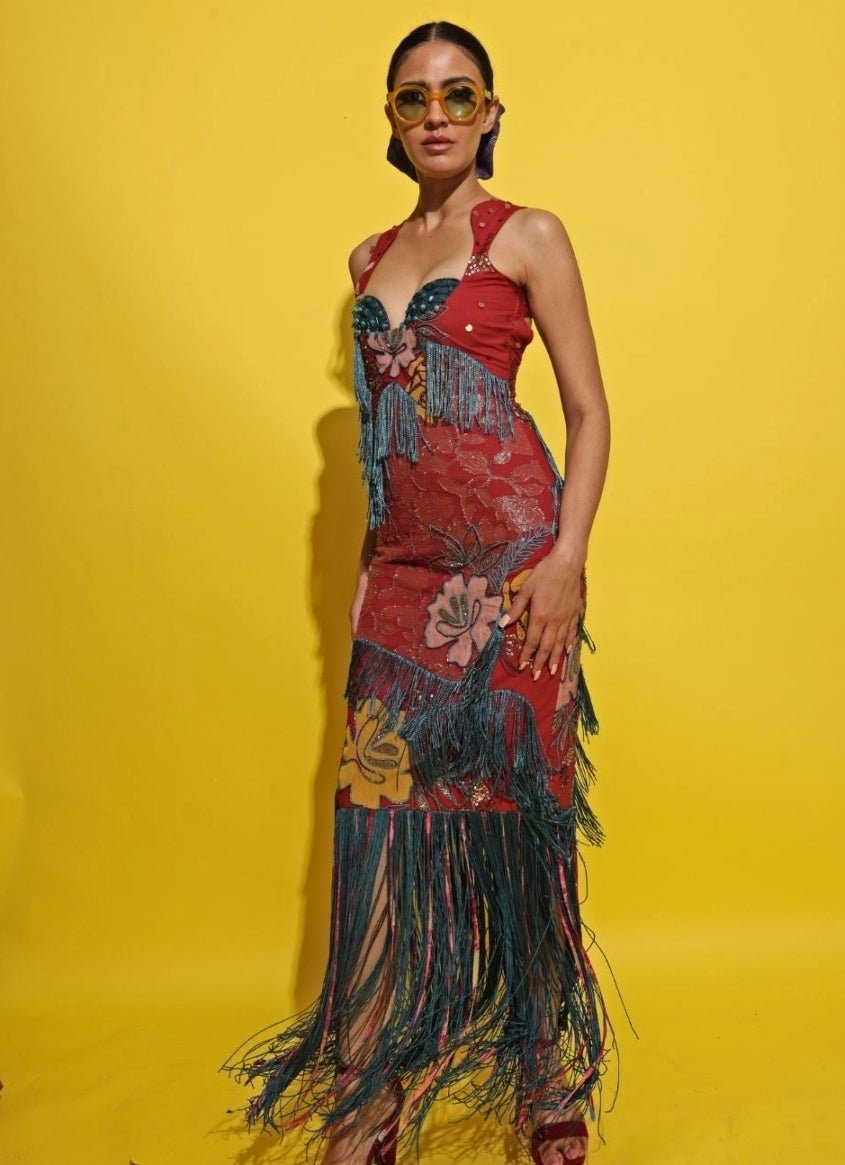 Crimson red jacquard indowestern dress by Rishi and Vibhuti