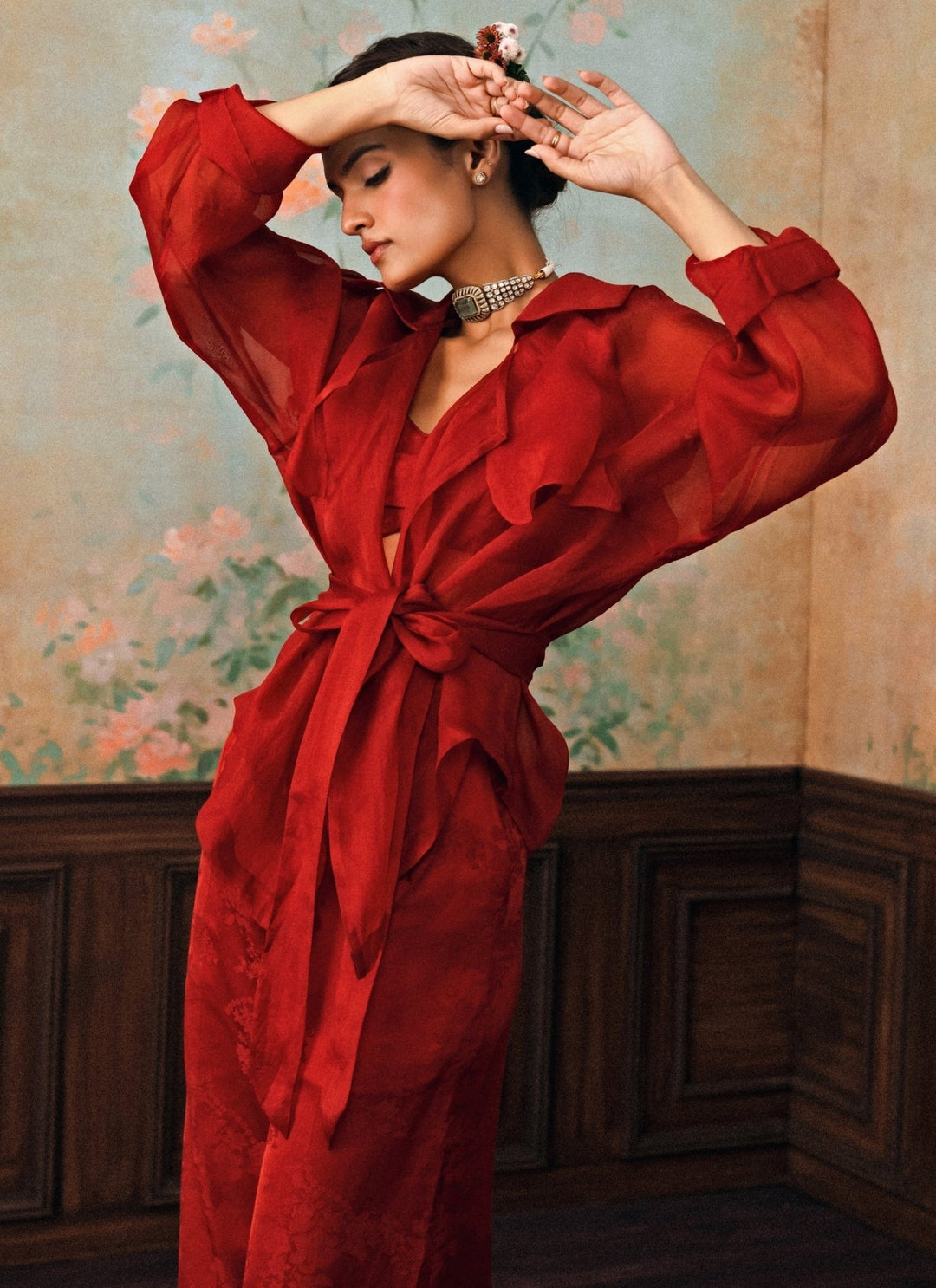 Paulmi and Harsh Crimson Red Jacquard Pants Set With JacketFabilicious Fashion