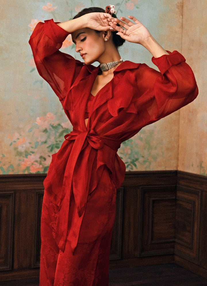 Paulmi and Harsh Crimson Red Jacquard Pants Set With JacketFabilicious Fashion