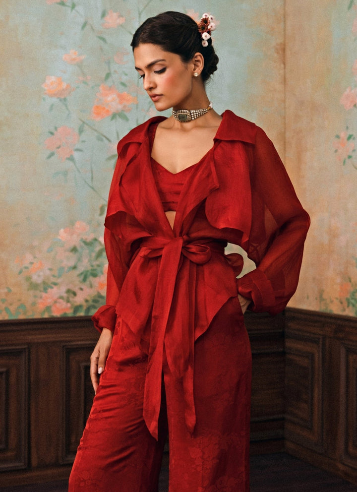 Paulmi and Harsh Crimson Red Jacquard Pants Set With JacketFabilicious Fashion