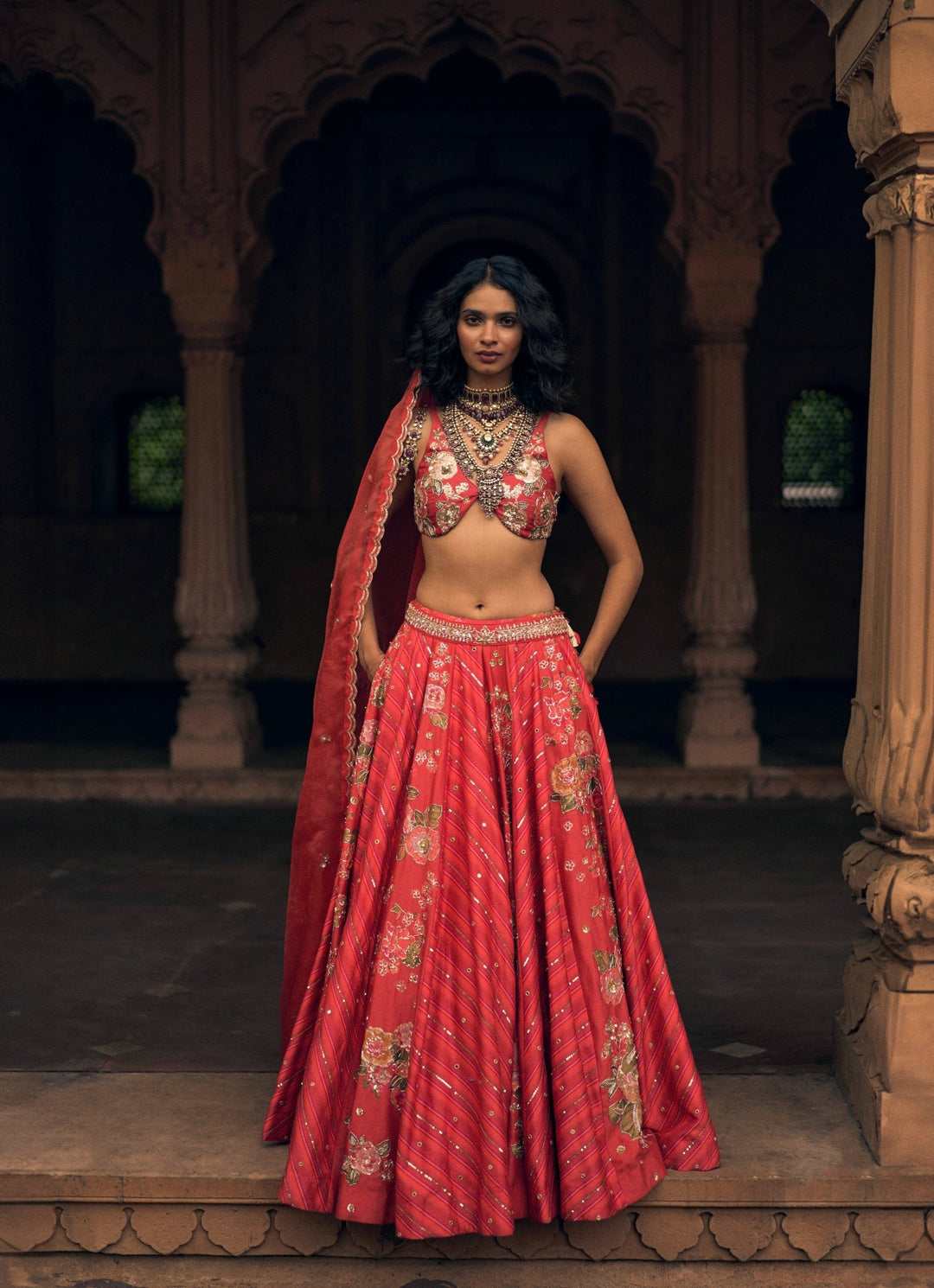 Crimson Red Leheriya Silk Lehenga Set Paulmi and Harsh - Fabilicious Fashion