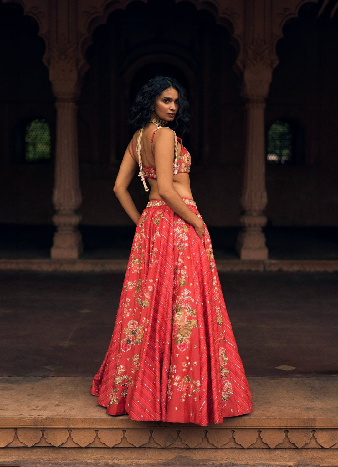 Crimson Red Leheriya Silk Lehenga Set Paulmi and Harsh - Fabilicious Fashion