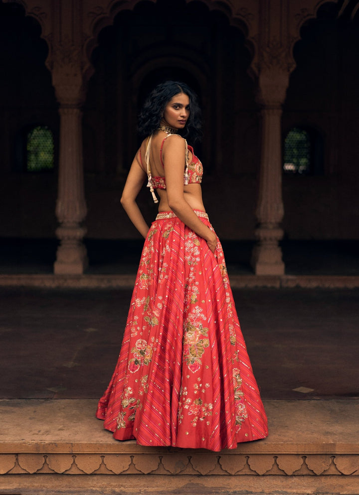Crimson Red Leheriya Silk Lehenga Set Paulmi and Harsh - Fabilicious Fashion
