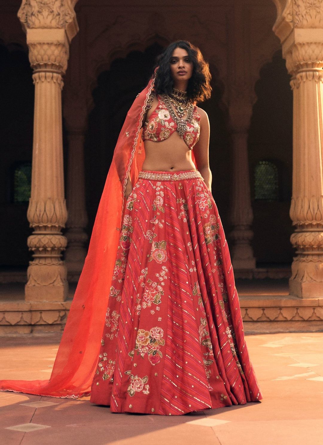 Crimson Red Leheriya Silk Lehenga Set Paulmi and Harsh - Fabilicious Fashion