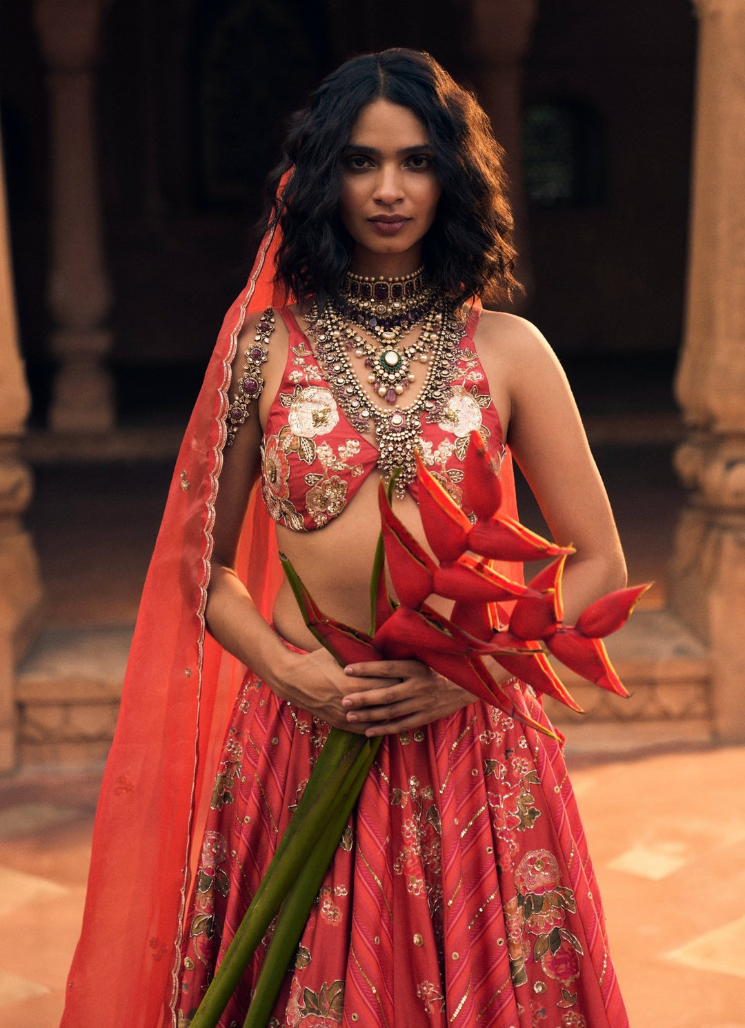 Crimson Red Leheriya Silk Lehenga Set Paulmi and Harsh - Fabilicious Fashion