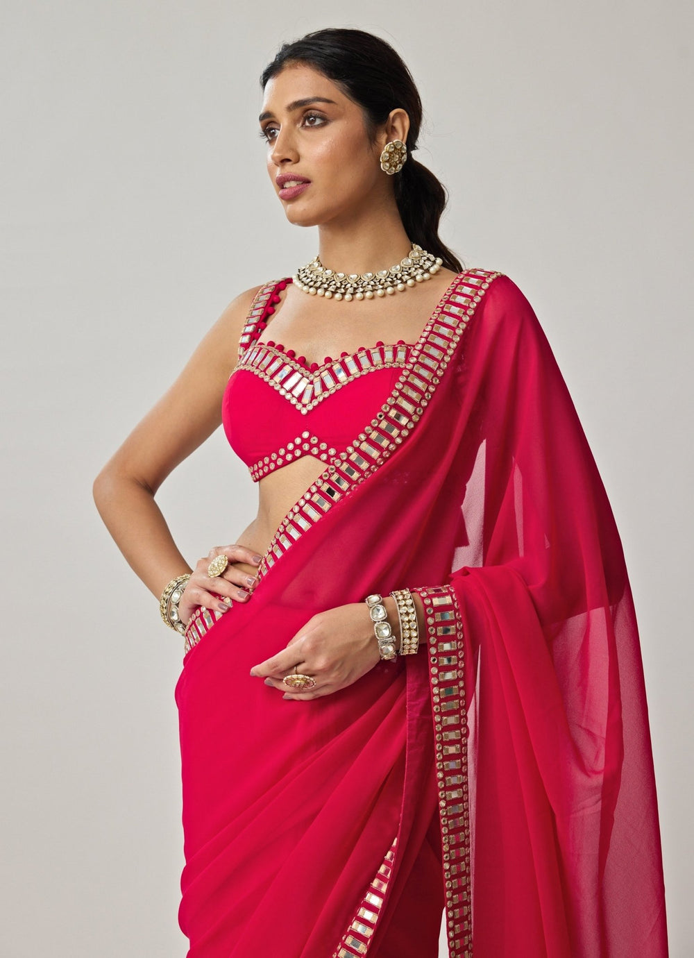 Crimson Red Mirror Embroidered Georgette Saree Set Vvani by Vani Vats - Fabilicious Fashion